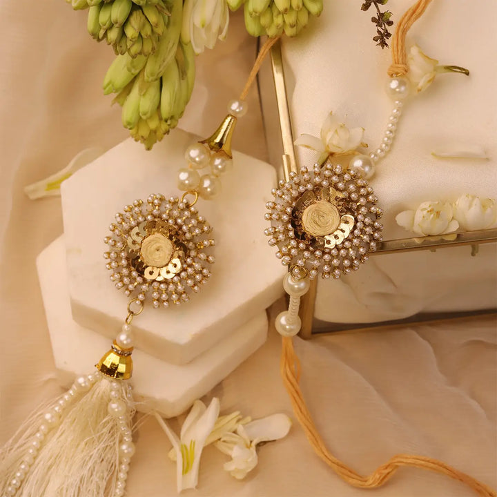 Handmade Golden Cowry Shell Bhaiya Bhabhi Rakhi With Roli Chawal | Set Of 2