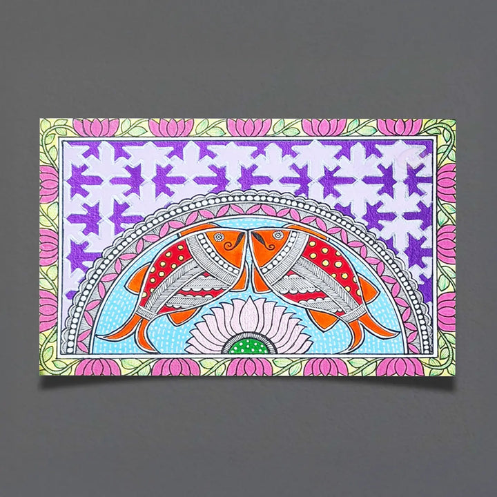 8 x 5 Inch | Duo Fish & Lotus | Original Hand Painted Madhubani Painting On Paper