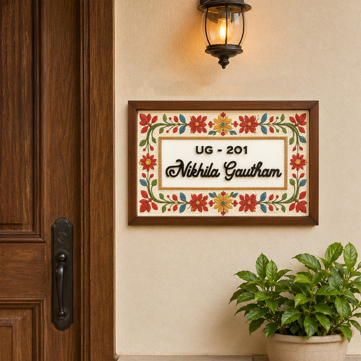 Personalized Minimal Floral Printed Wooden & Acrylic Name Plate with 3D Letters