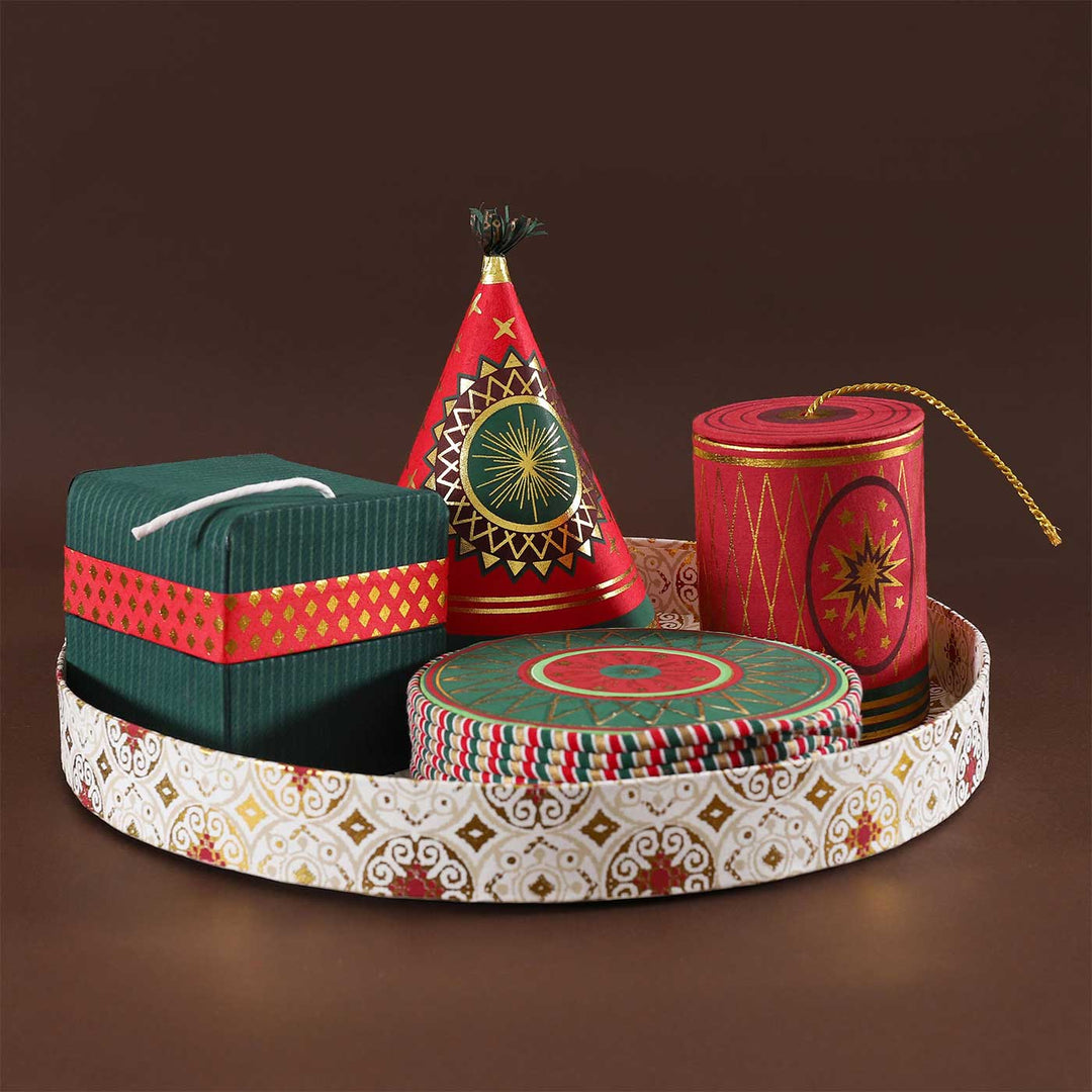 Handmade Pataka Paper Hamper | Includes 1 Jameen Chakar Box, 1 Sutli Bomb Box, 1 Bomb Box, 1 Anar Box, 3 Rockets & 1 Gift Tray