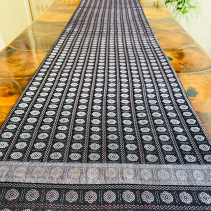 Handmade Black Circular Floral Patterns Khunn Fabric Cotton Table Runner | 12 x 60 Inch
