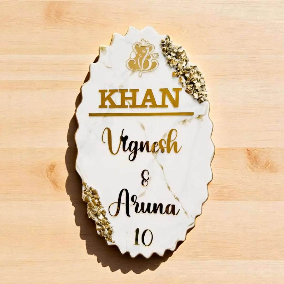 Personalized Gold & White Ganesha Theme Resin Name Plate