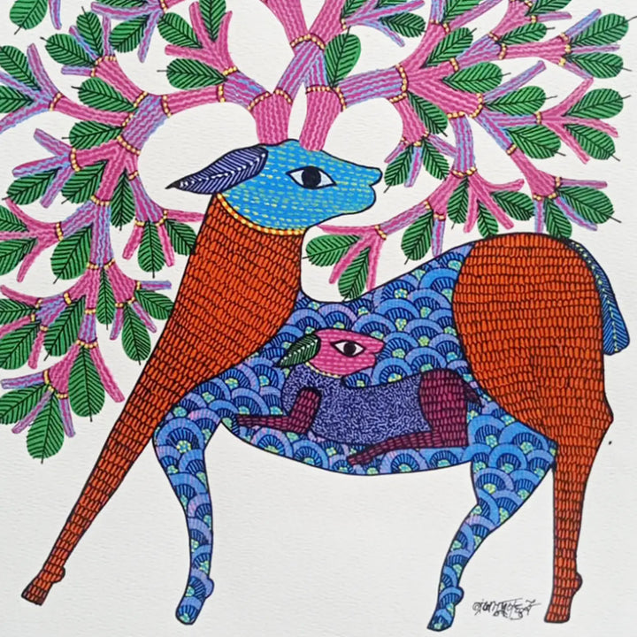 11 x 16 Inch | Deer With Tree | Original Hand Painted Tribal Gond Art Painting | Acrylic Paint On Paper