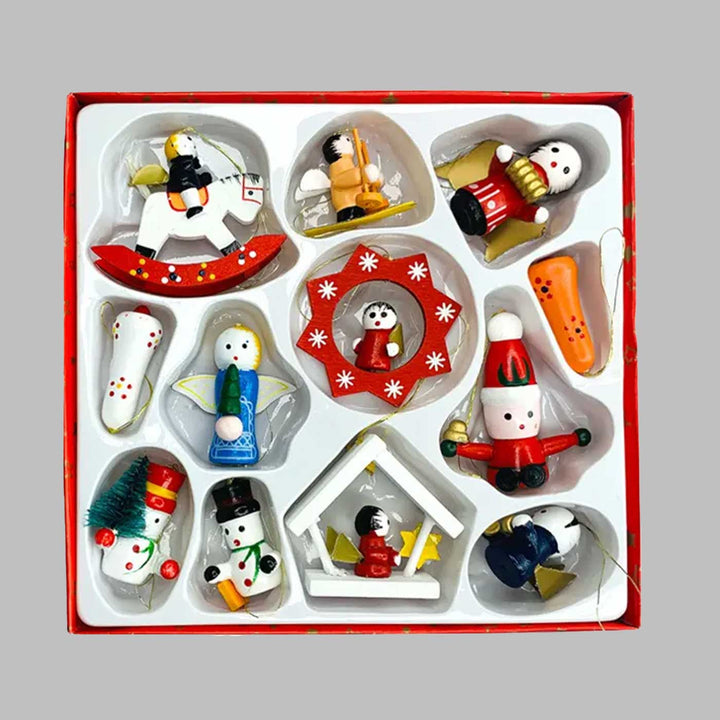 Handmade Joyful Jingle Wooden Ornaments For Christmas Tree Decoration | Set Of 12