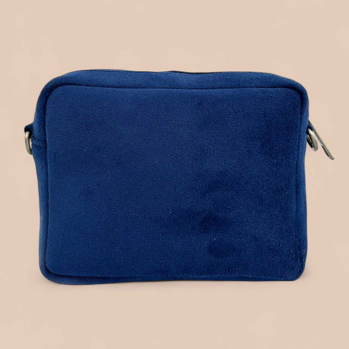 Handmade Embroidered Sunshine Design Blue Velvet Sling Bag