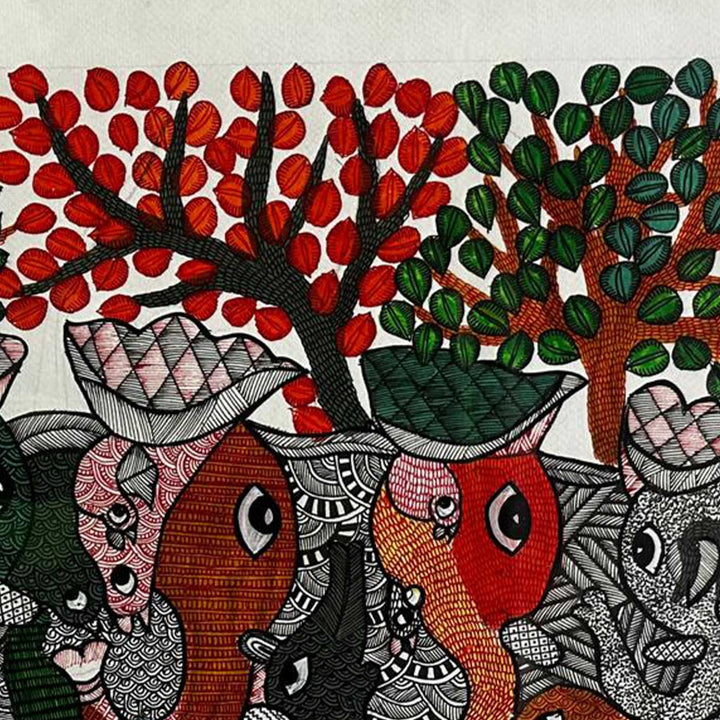 15 x 22 Inch | Animal's Harmony | Original Hand Painted Tribal Gond Art Painting | Acrylic Paints On Paper