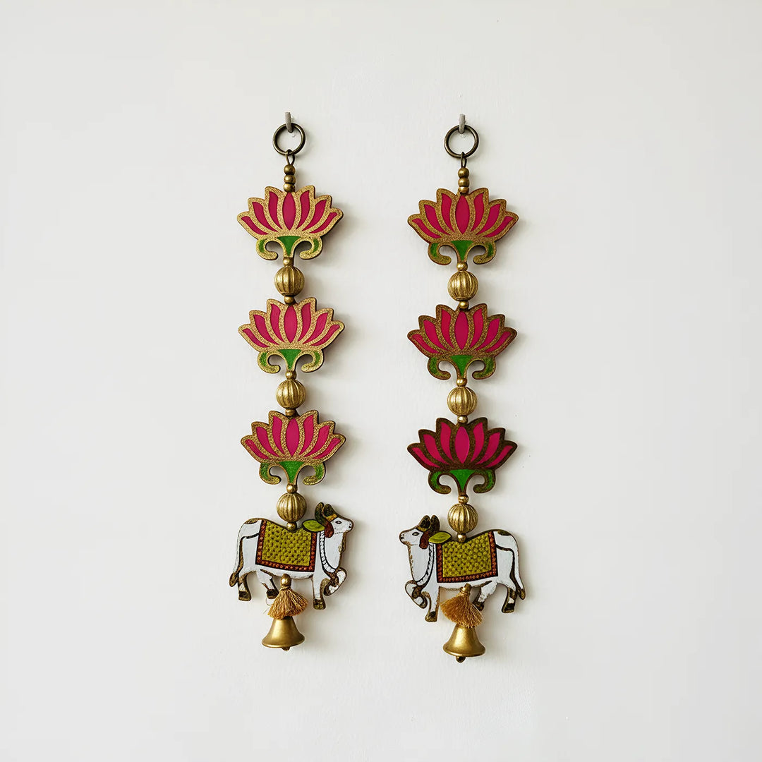 Handmade Pink Lotus & Nandi Hanging With Bell | Set Of 2