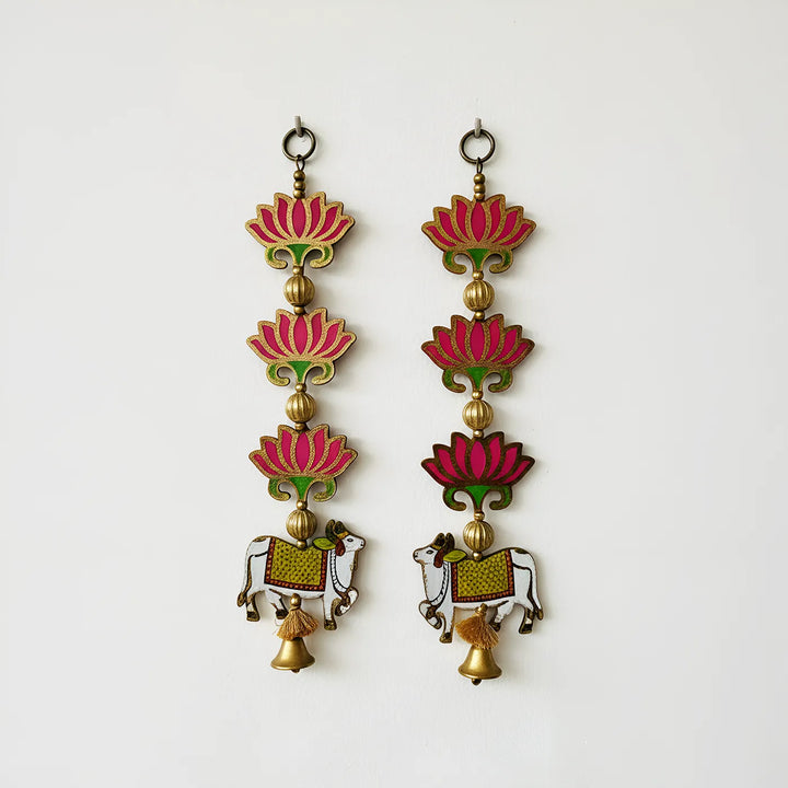 Handmade Pink Lotus & Nandi Hanging With Bell | Set Of 2