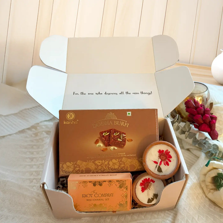 Mitti & Mithaas Diwali Gift Hamper | Includes 2 Terracotta Diyas, 1 Dodha Barfi, 1 Tilak Set, 1 Gift Box
