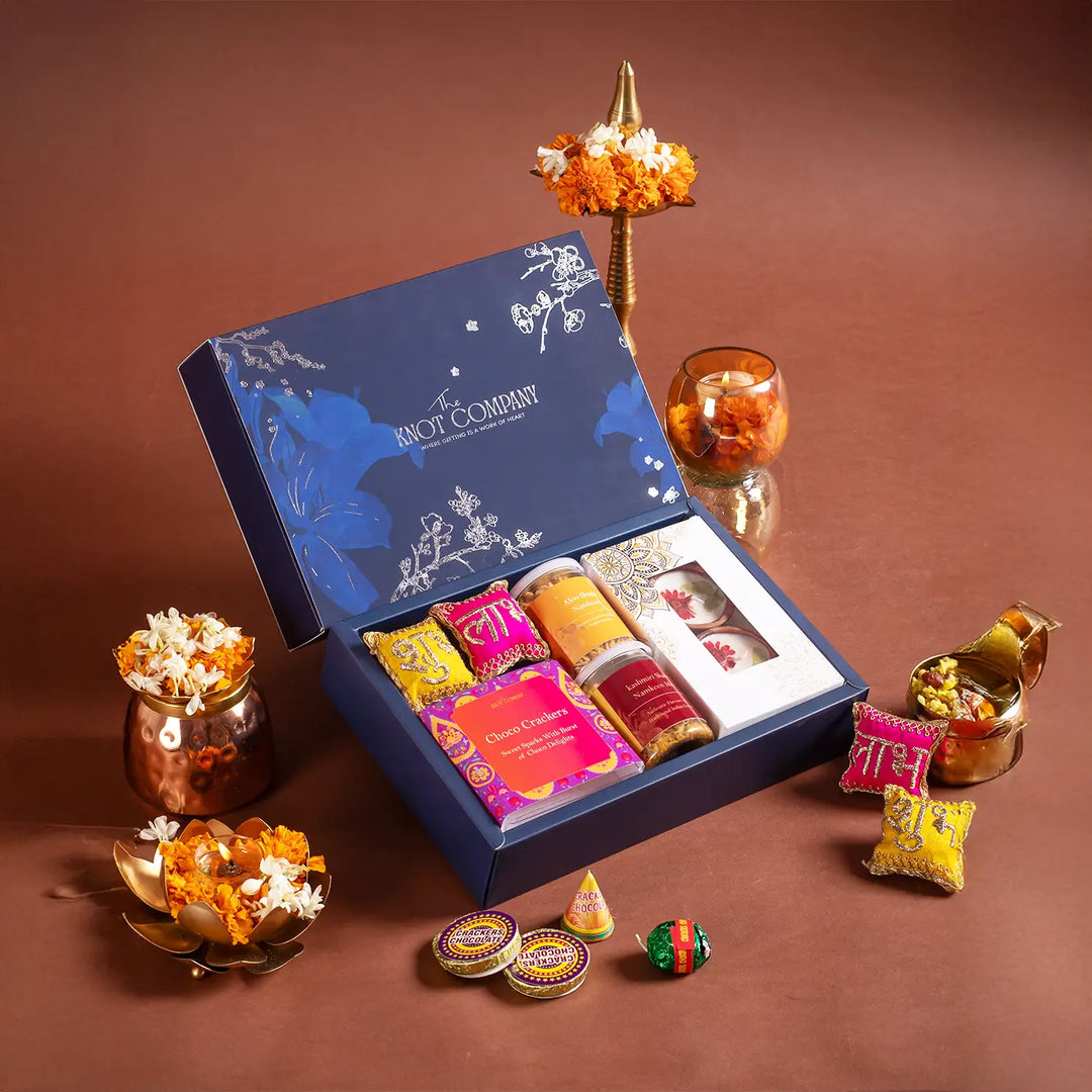 Shubh Blessings of Diwali Gift Hamper | Includes 2 Wax Diyas, 2 Shubh Labh Key Chains, 1 Kashmiri Shahi Mix, 1 Aloo Bhujia, 5 Choco Crackers, 1 Gift Box
