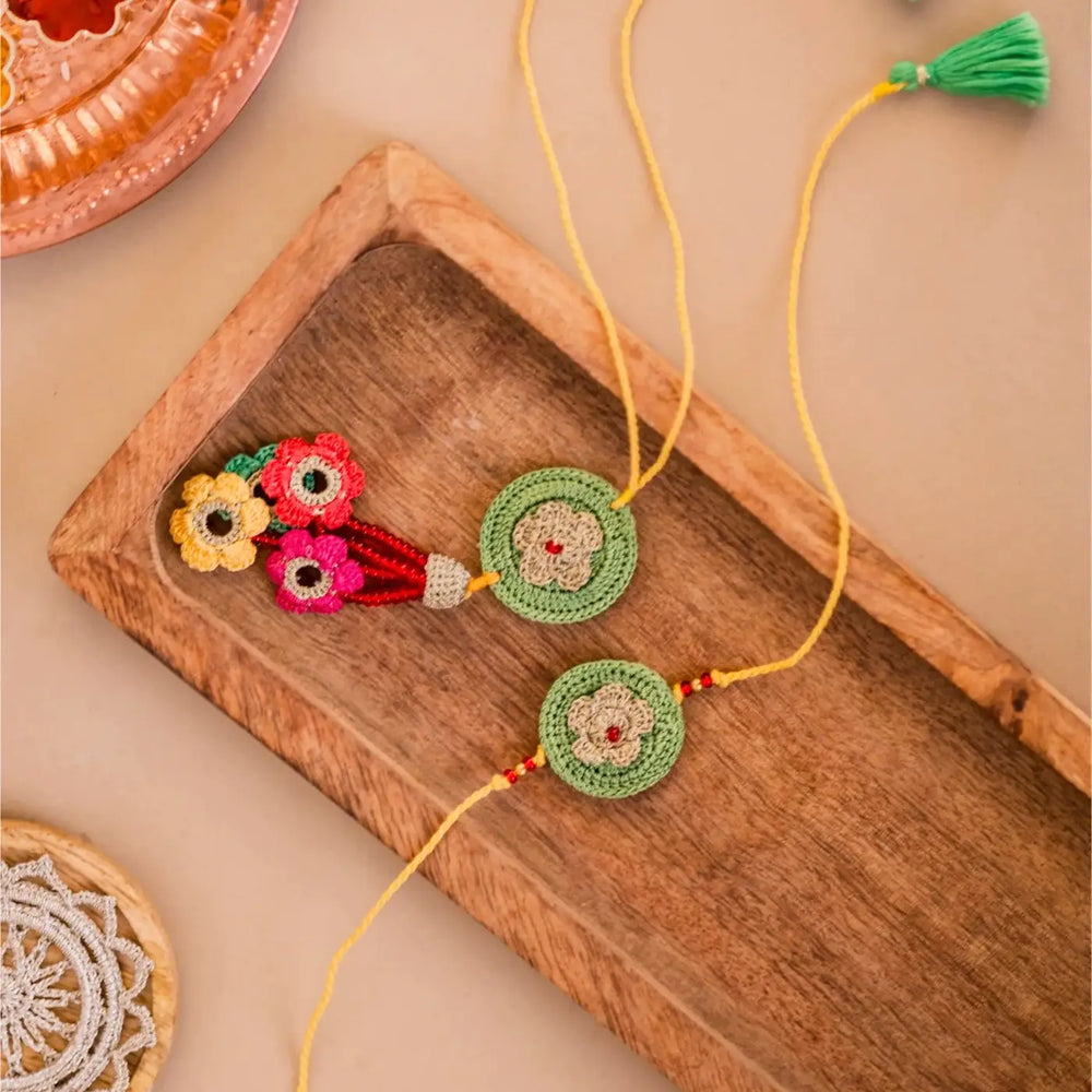 Handmade Crochet Green Mandala Bhaiya Bhabhi Rakhi With Roli Chawal Set Of 2 - Top View Showing Full Length