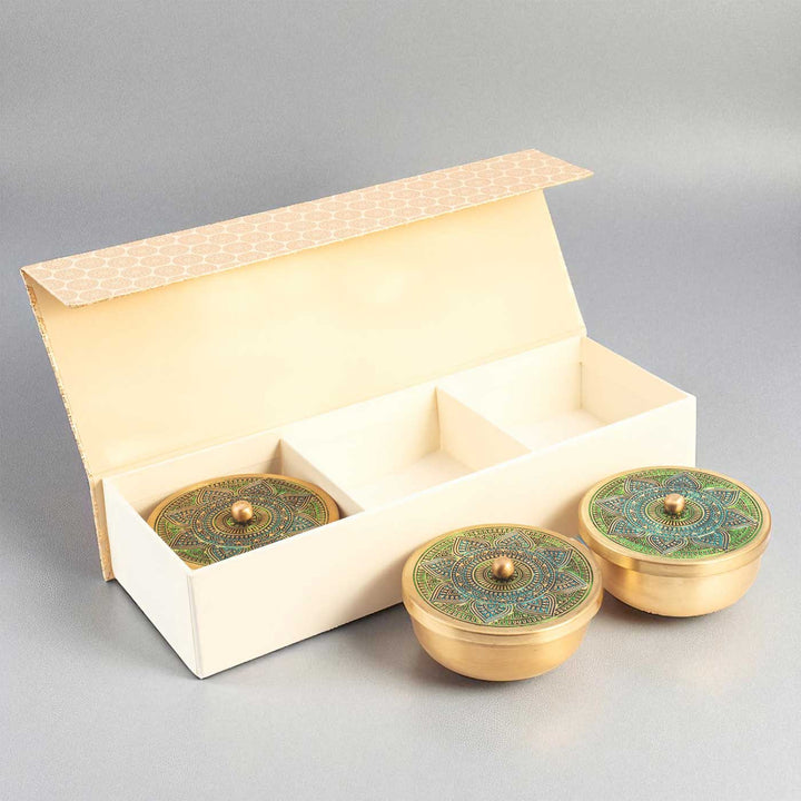 Hand-Painted Vrinda Brass Gift Hamper | Includes 3 Containers And 1 Gift Box