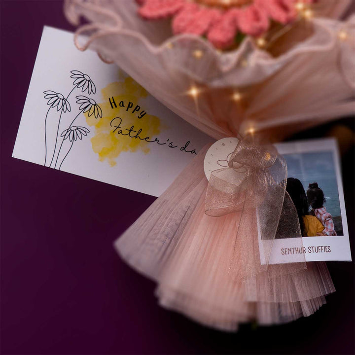 Handmade Crochet Misty Pink Flower Bouquet With Lights | Includes Photo & Greeting Card