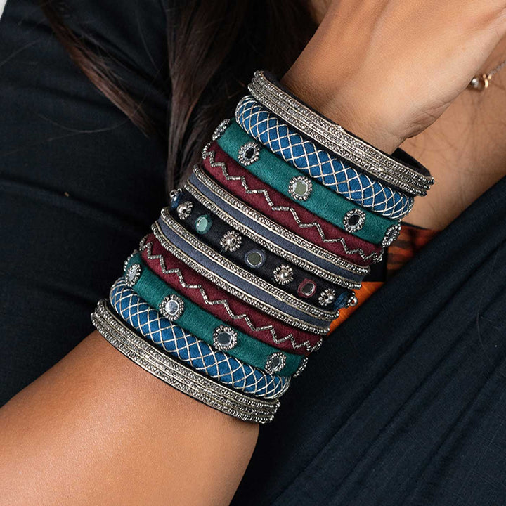 Multicolour Handcrafted Krisha Silver Beads & Mirror Work Bangles | Set of 11