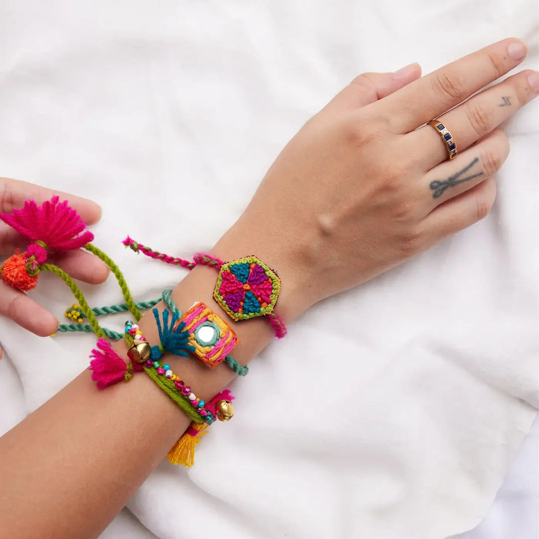 3 pc Rakhi + Brass Thali Set | Premium Chintoo Embroidered Rakhi Set with Roli Chawal