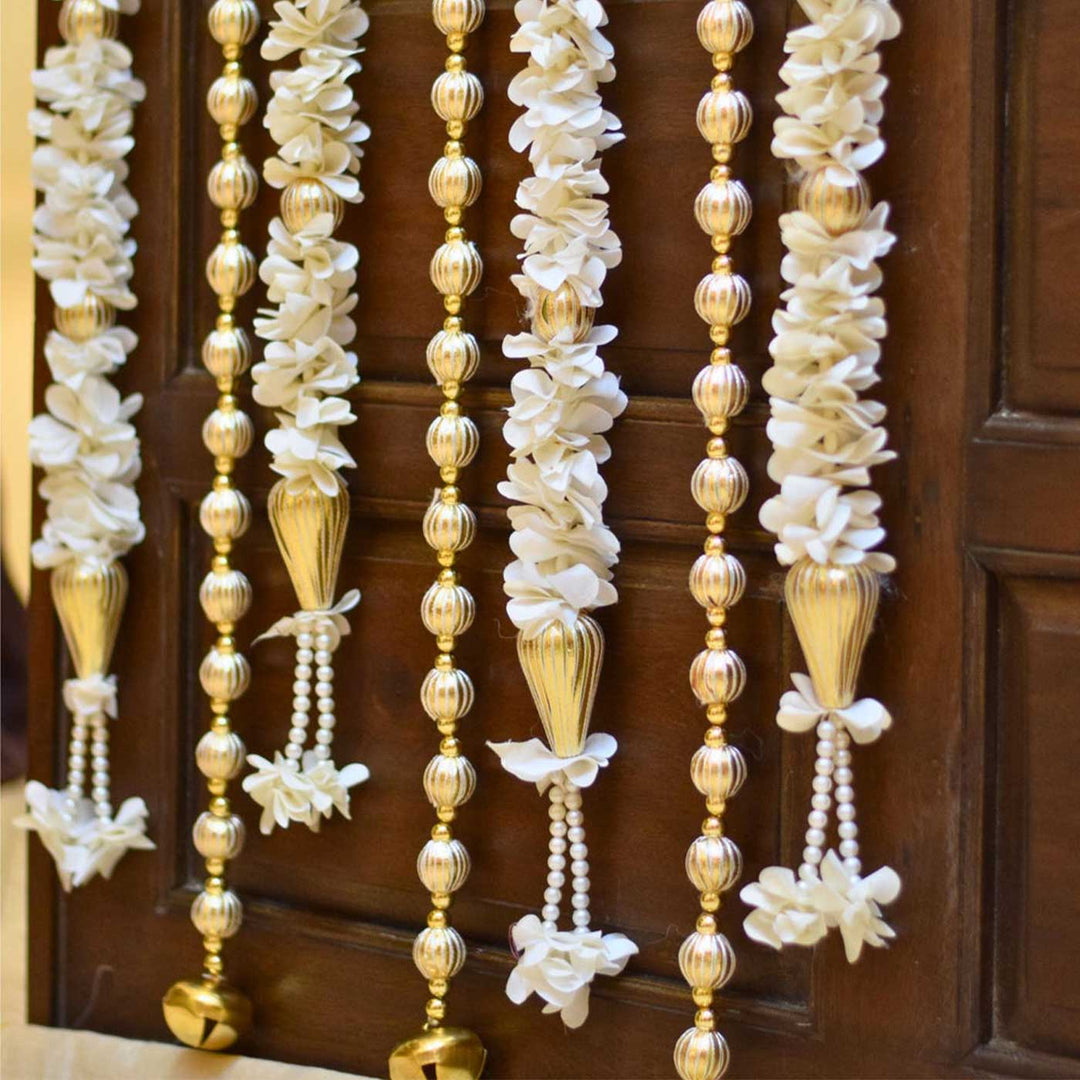 10 Pc | Shwet Gota Hanging Set with White Floral & Gold Bead Strings