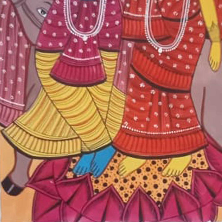 14 x 22 Inch | Radha Krishna Love | Original Hand Painted Kalighat Painting | Natural Colors On Paper