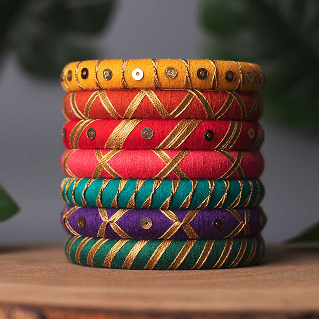 Multicolor Handcrafted Copper Gotta Patti Bangles | Set of 7