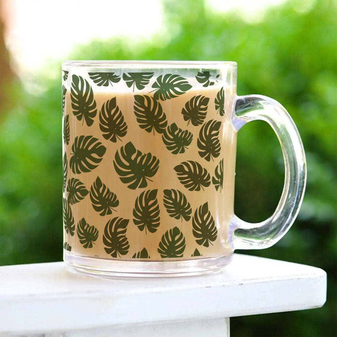 Printed Leaves Theme Glass Mug | 325 ML