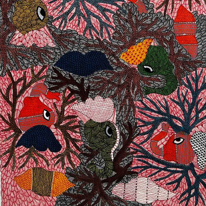 15 x 22 Inch | Fins and Branches | Original Hand Painted Tribal Gond Art Painting | Acrylic Paints On Paper