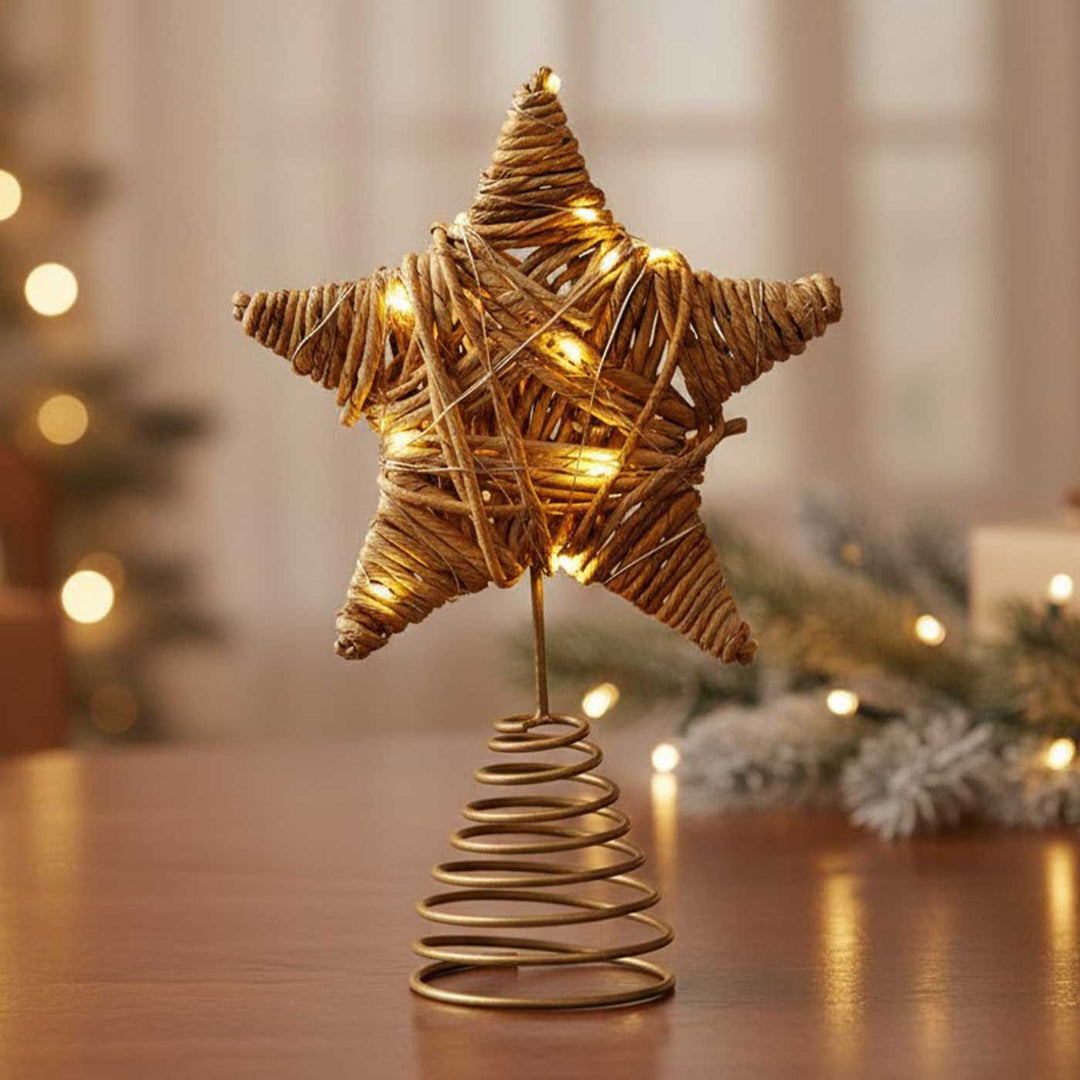 Handmade Banana Rope Star Christmas Tree Topper With Lights