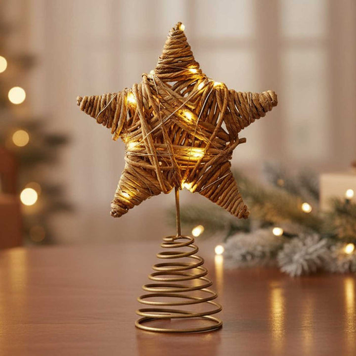 Handmade Banana Rope Star Christmas Tree Topper With Lights