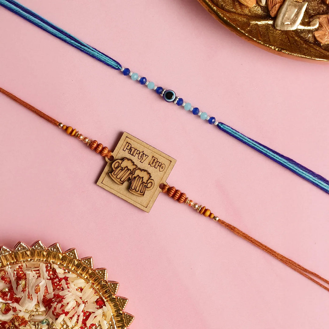 Handmade "Party Bro" & Evil Eye Rakhi With Roli Chawal | Set Of 2