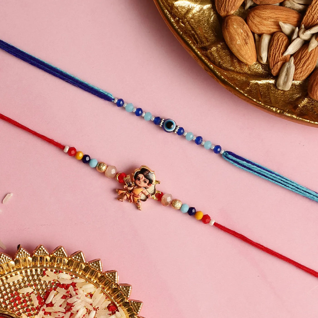 Handmade Shri Ram & Evil Eye Kids Rakhi With Roli Chawal | Set Of 2