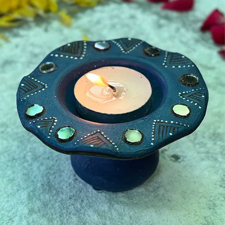 Set of 6 | Blue Hand-Painted Flower-Shaped Terracotta Diya Tealight Holders For Festive Decor