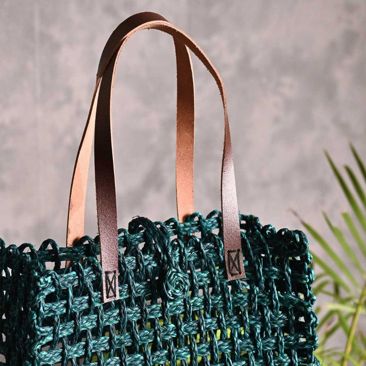 Handmade Grass Woven Leather Strap Box Shaped Sabai Mesh Tote Bag