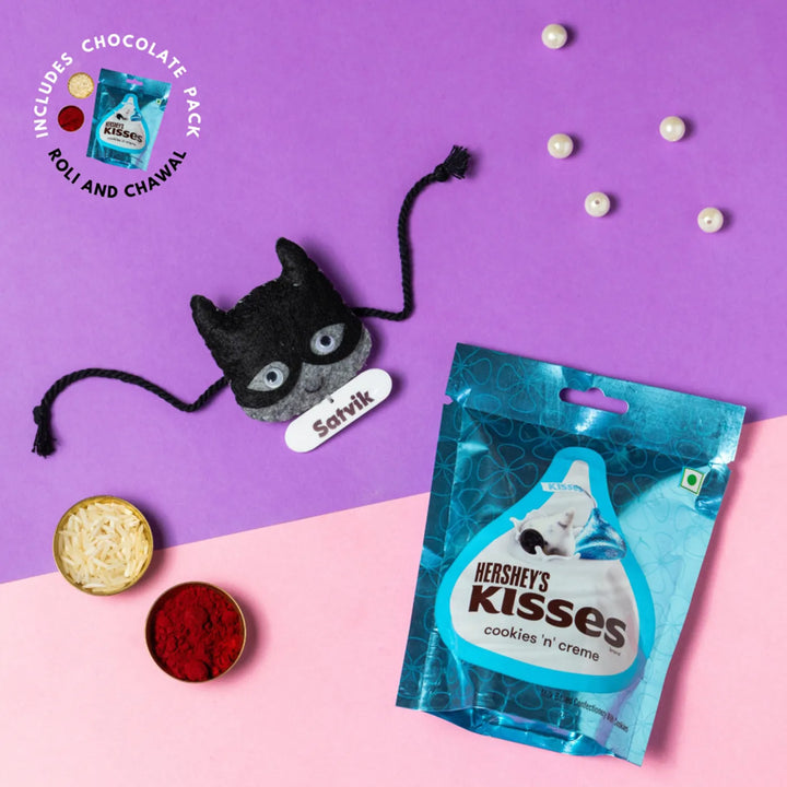 Personalized Handmade Batman Theme Felt Kids Rakhi With Chocolates & Roli Chawal