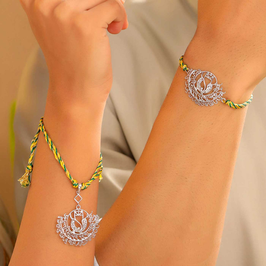 Handmade Ganesha Design Religious Silver Bhaiya Bhabhi Rakhi - Bracelets Worn on Wrists