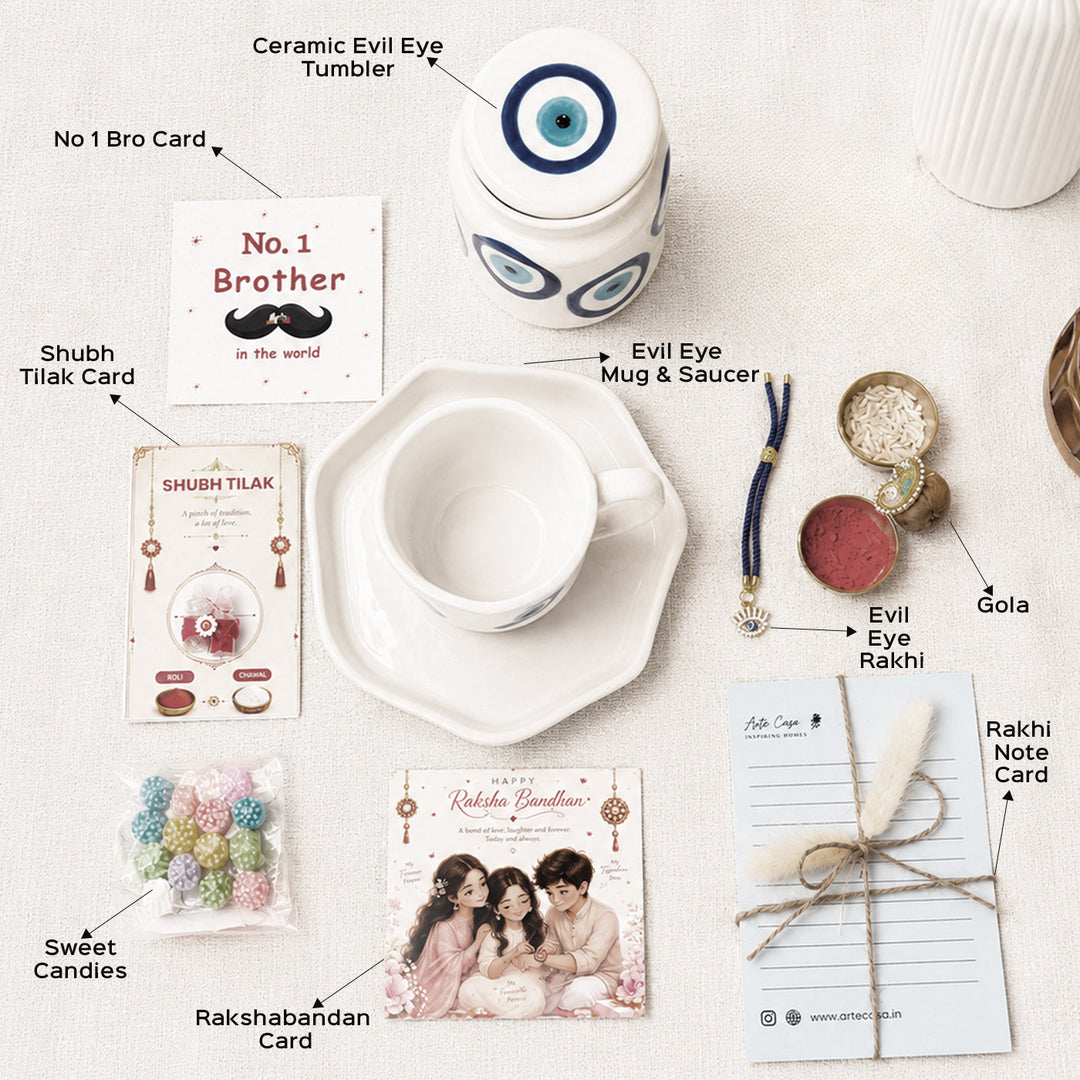 Evil Eye "Blue Protection" Ceramic Rakhi Set Hamper With Mug, Jar & Basket For Bhaiya Bhabhi