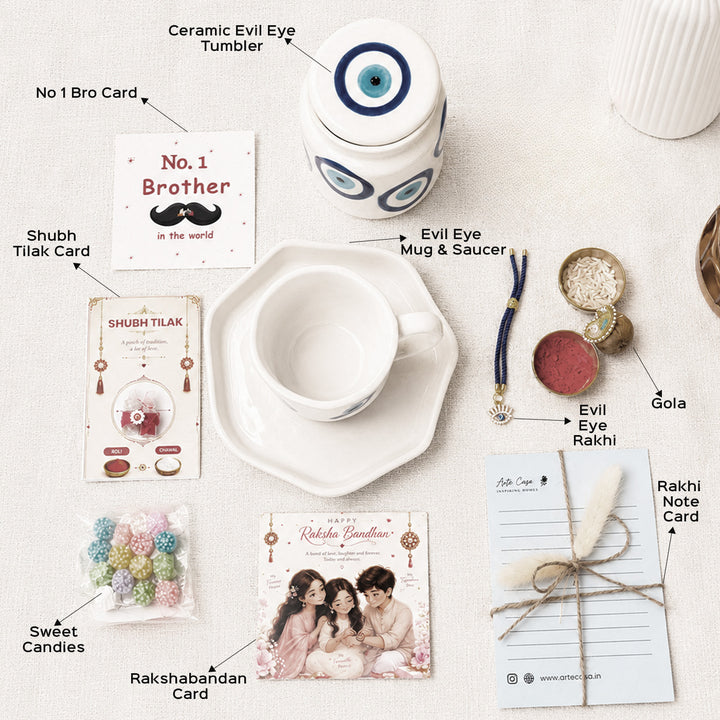 Evil Eye "Blue Protection" Ceramic Rakhi Set Hamper With Mug, Jar & Basket For Bhaiya Bhabhi