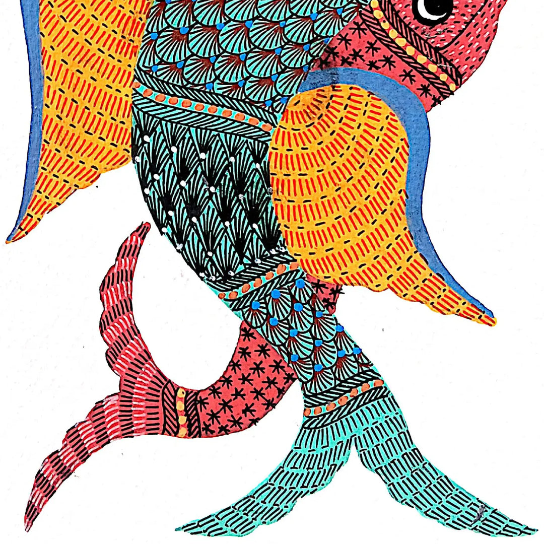 6 x 8 Inch | Dancing Fishes | Original Hand painted Tribal Gond Art Painting | Acrylic Paints On Paper