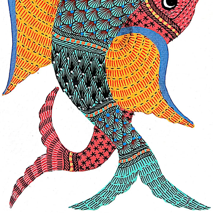 6 x 8 Inch | Dancing Fishes | Original Hand painted Tribal Gond Art Painting | Acrylic Paints On Paper