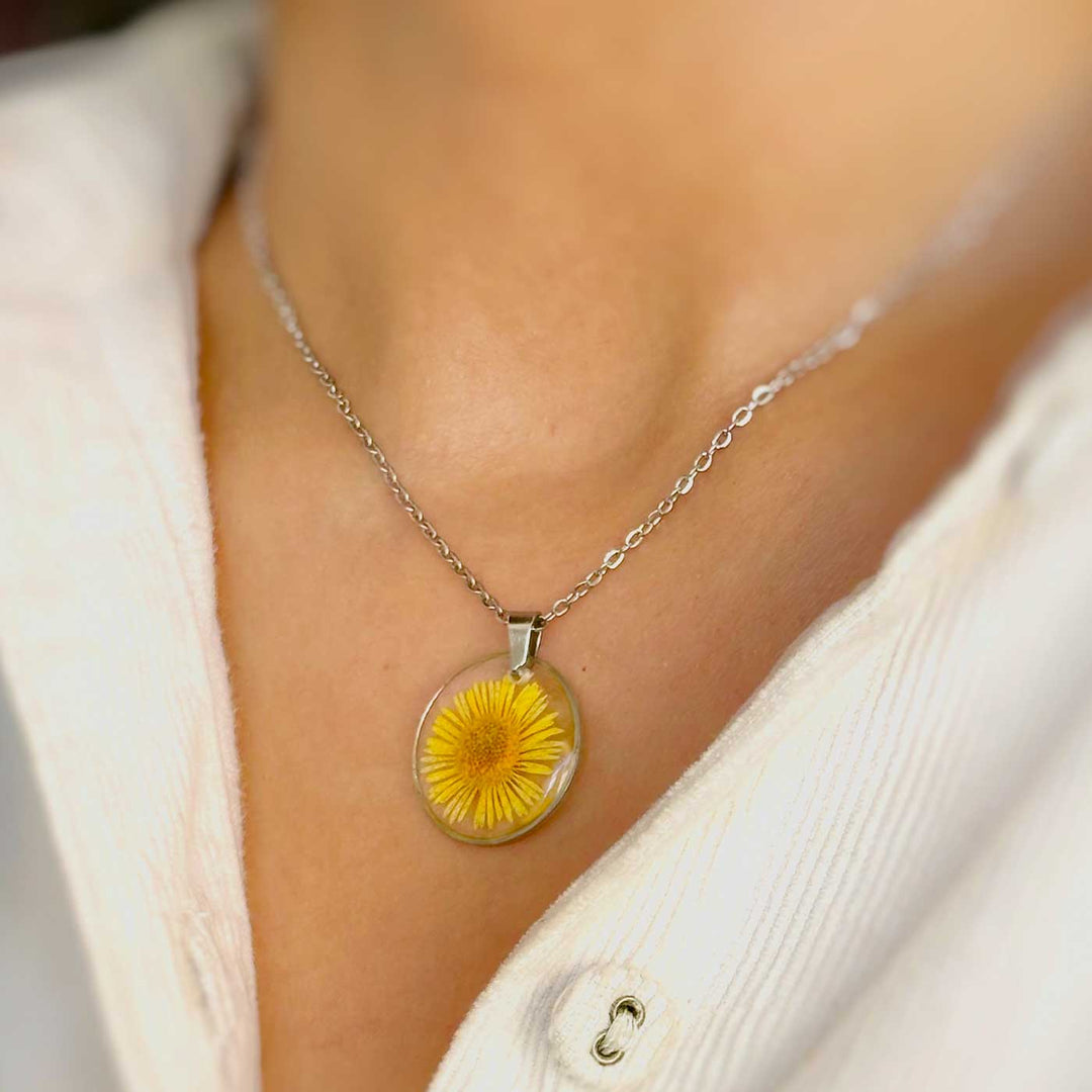 Yellow Sunshine Preserved Flower Stainless Steel Necklace