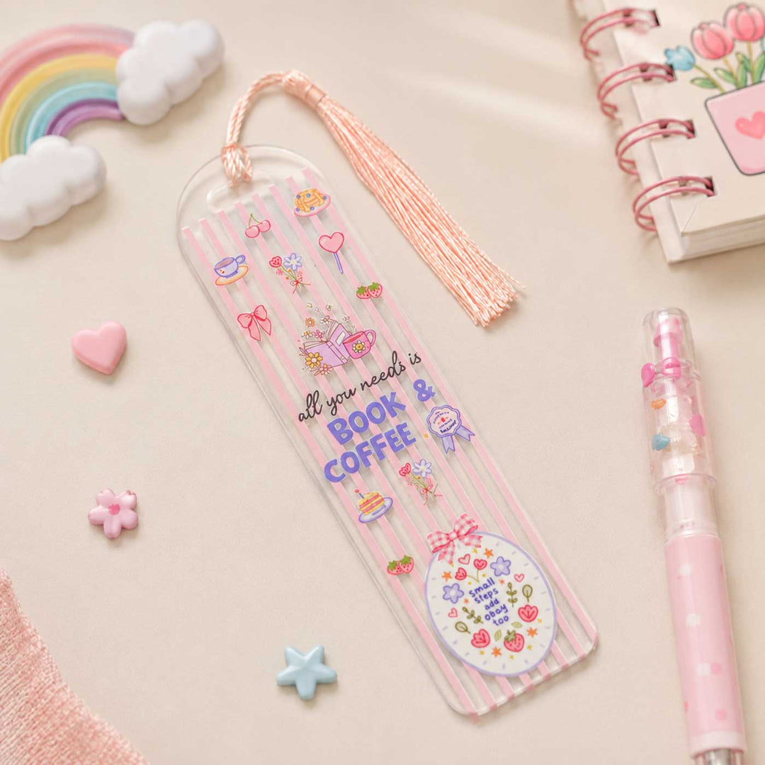 "Book & Coffee" Theme Handmade Acrylic Bookmark With Tassel For Book Lovers