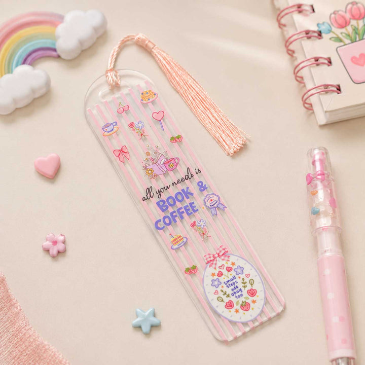"Book & Coffee" Theme Handmade Acrylic Bookmark With Tassel For Book Lovers