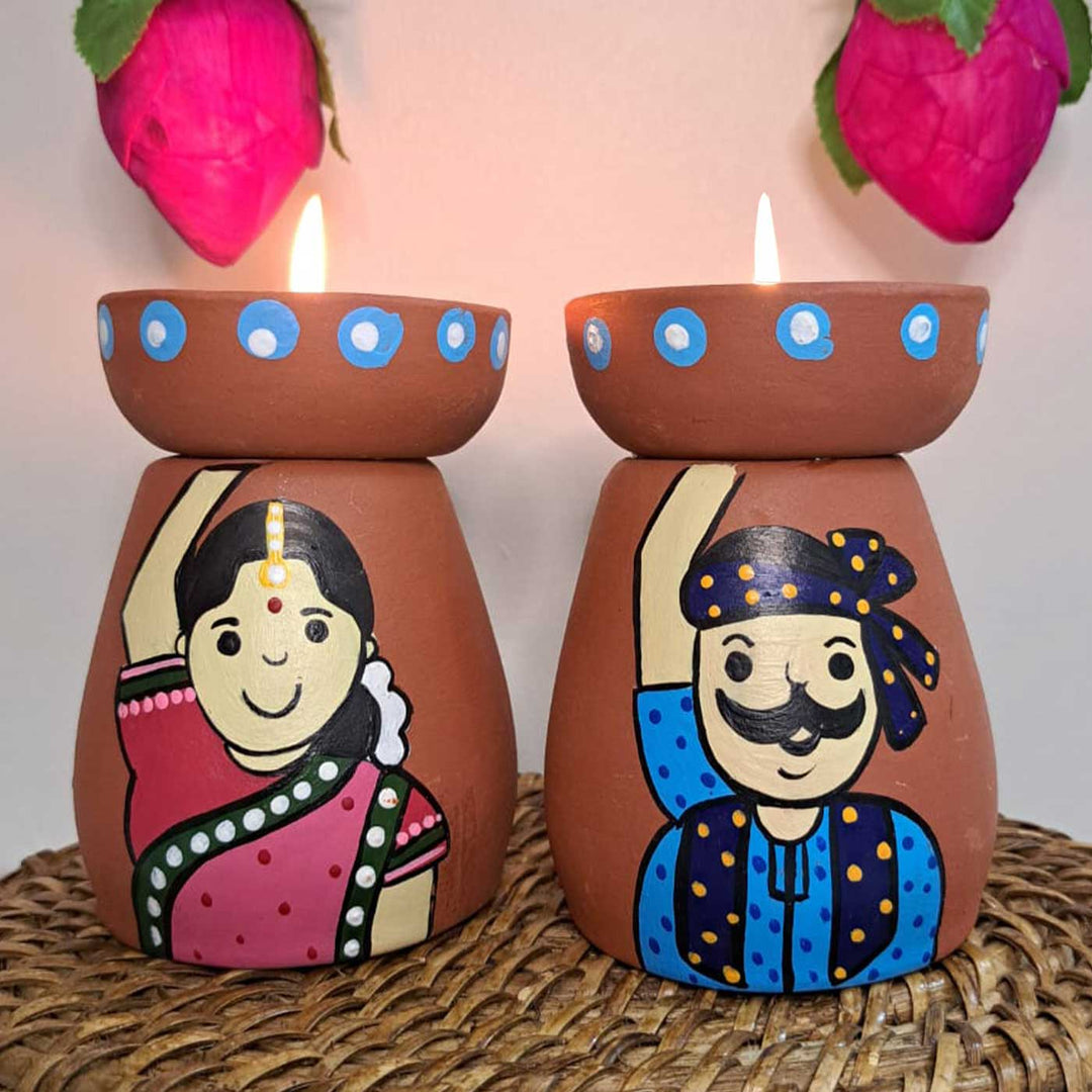 Hand-Painted Villager Theme Terracotta Tealight Holder | Set Of 2