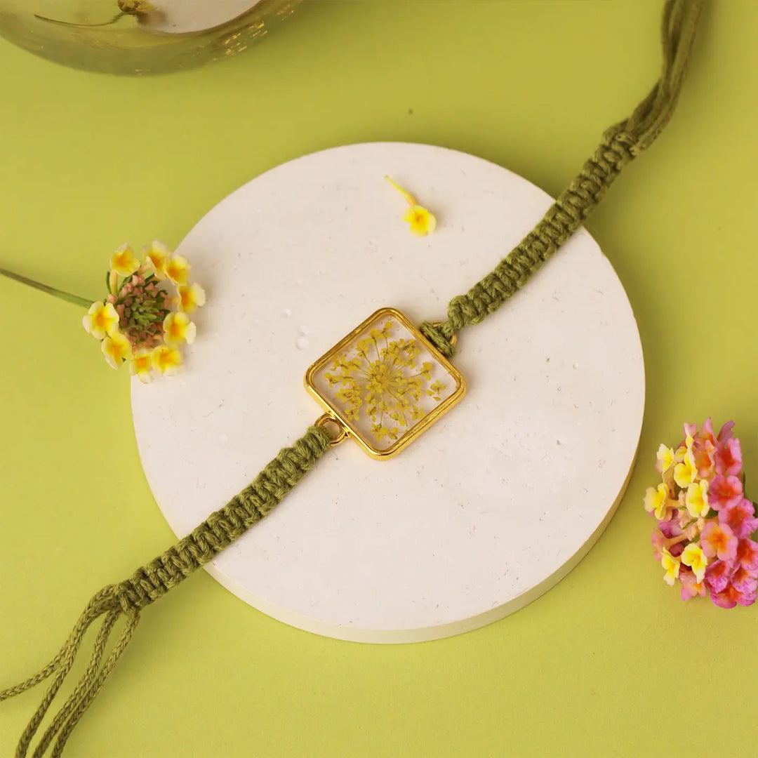 Handmade Pressed Flower Resin Rakhi With Roli Chawal