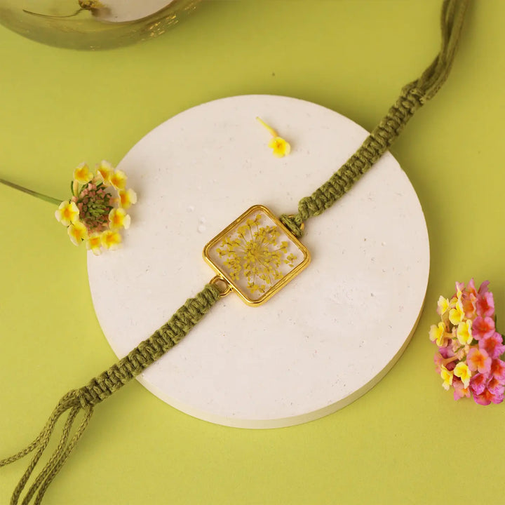 Handmade Pressed Flower Resin Rakhi With Roli Chawal