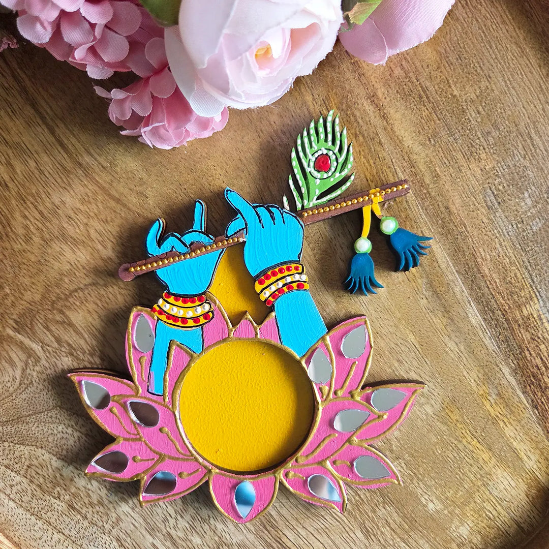 Hand-Painted Mirror Work Murli Manohar MDF Wood Tealight Holder