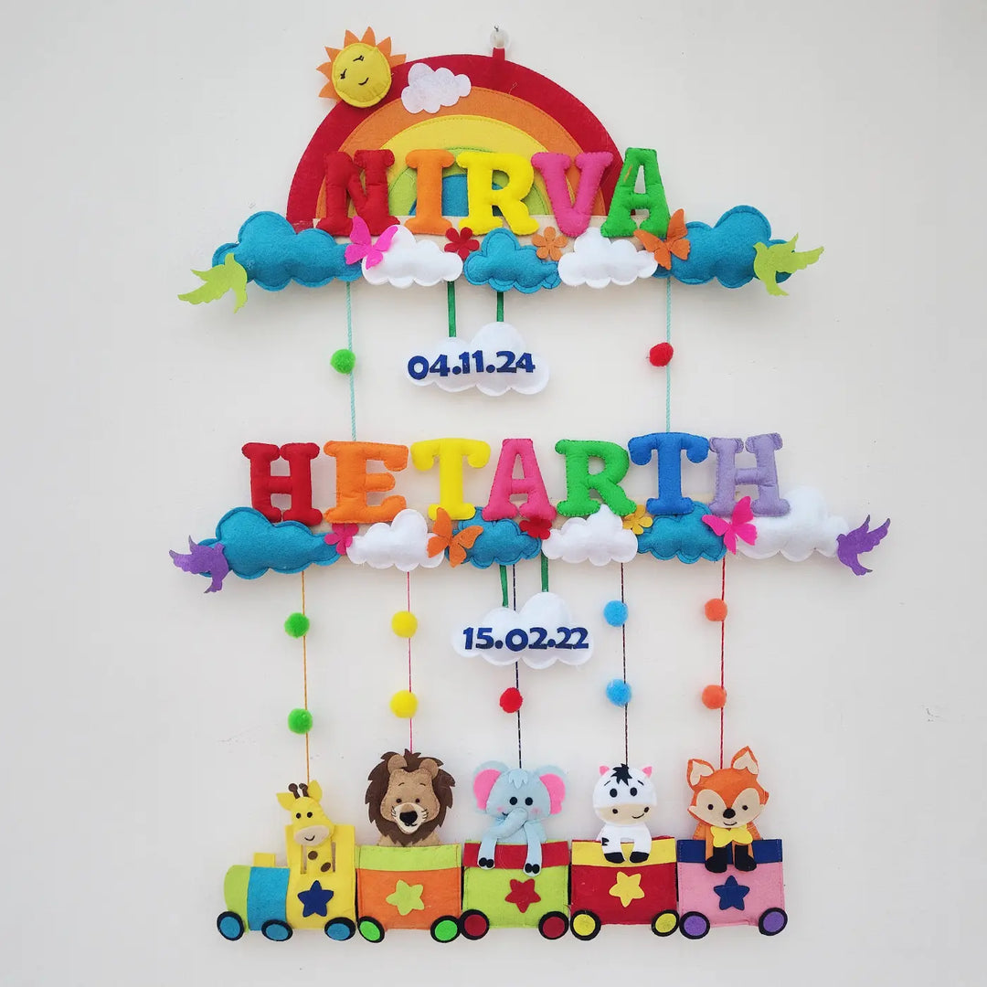 Personalized Rainbow & Animal Train Theme Felt Kids Name Plate