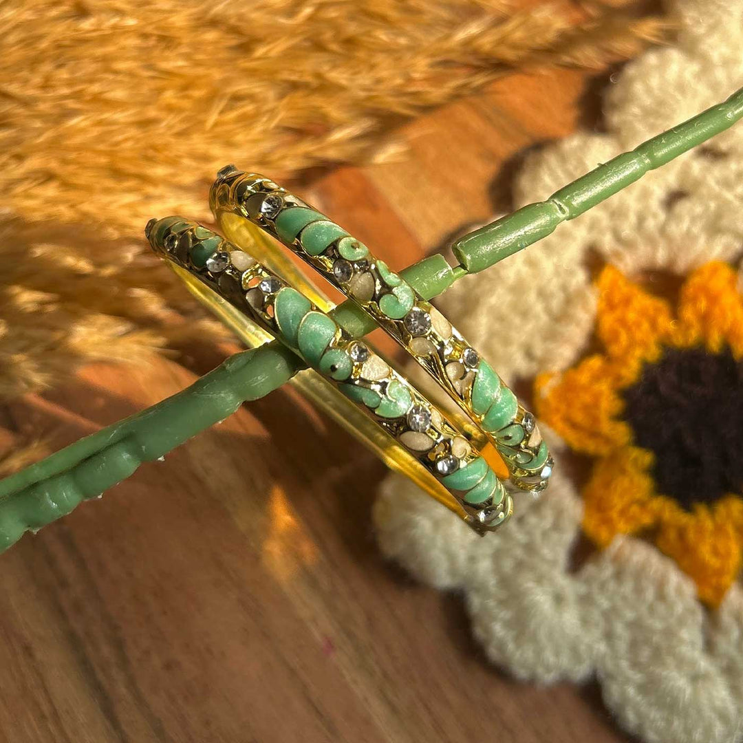 Handcrafted Petal Enamel Crystal Studded 18K Gold Plated Stainless Steel Openable Bangle- Mint & Ivory