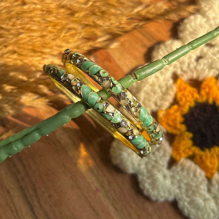 Handcrafted Petal Enamel Crystal Studded 18K Gold Plated Stainless Steel Openable Bangle- Mint & Ivory