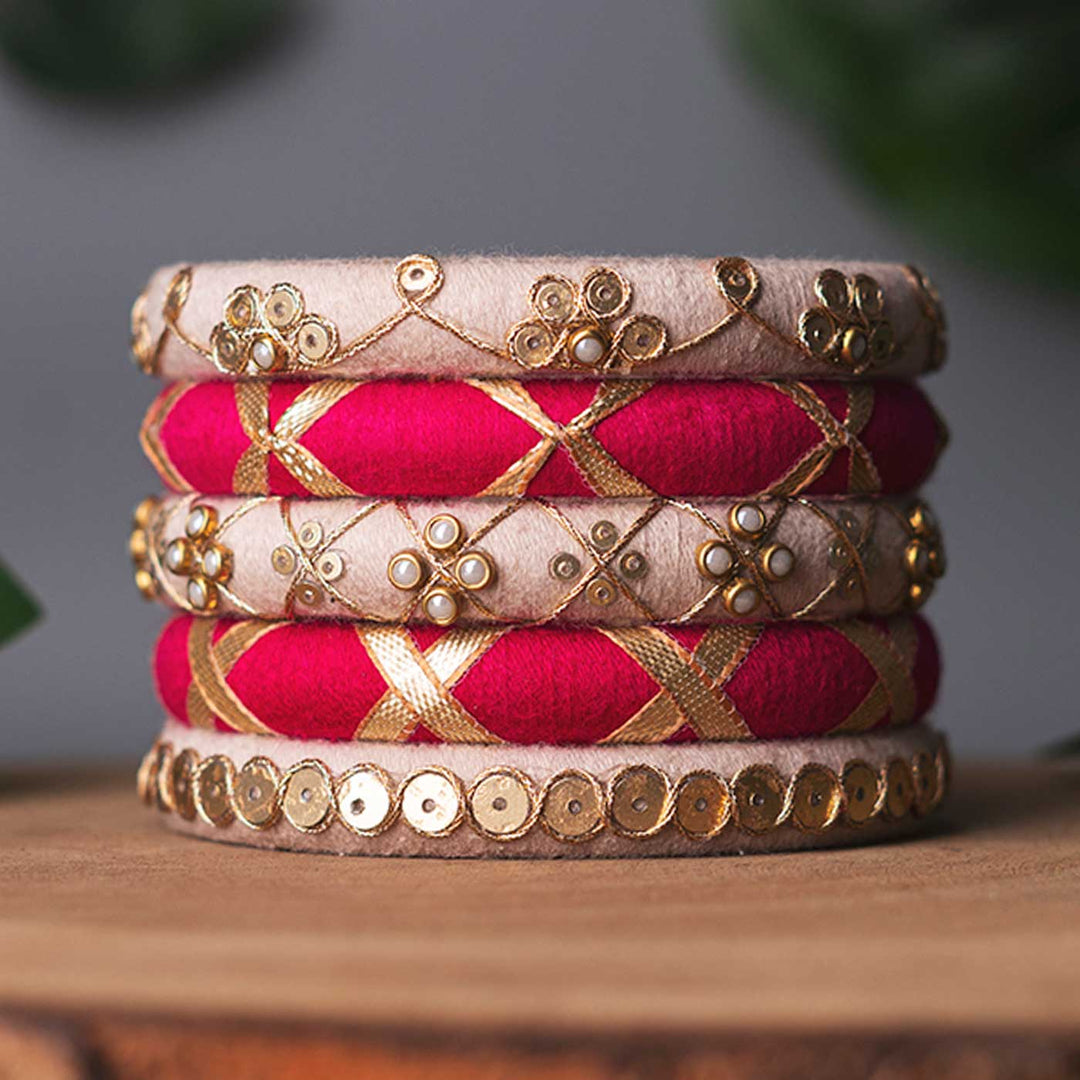 Pink & White Handcrafted Gotta Patti & Sequins Bangles | Set of 5