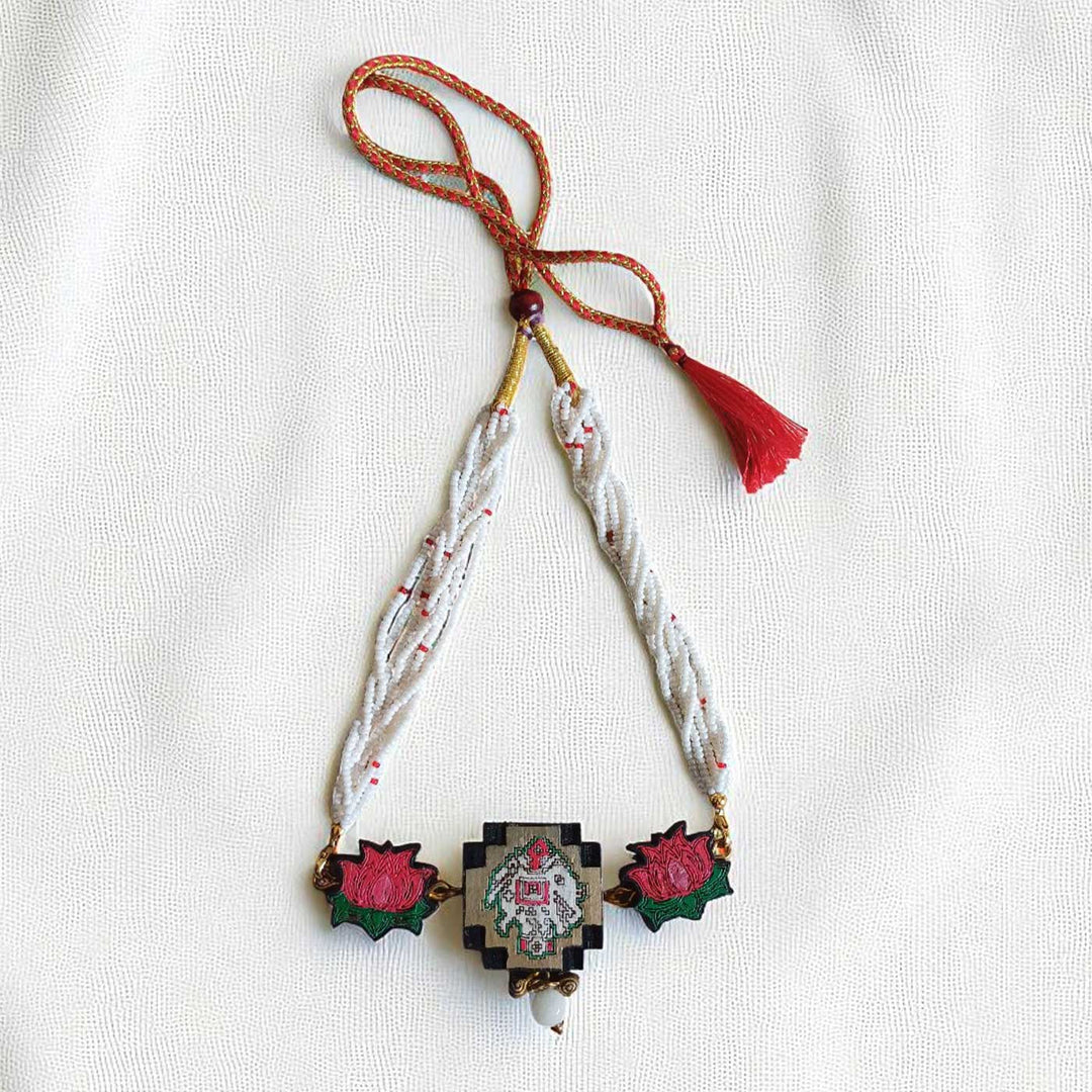 Handmade Elephant & Lotus Design Wooden Necklace