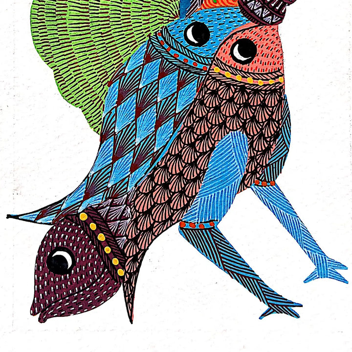 6 x 8 Inch | Feathers and Fins | Original Hand painted Tribal Gond Art Painting | Acrylic Paints On Paper
