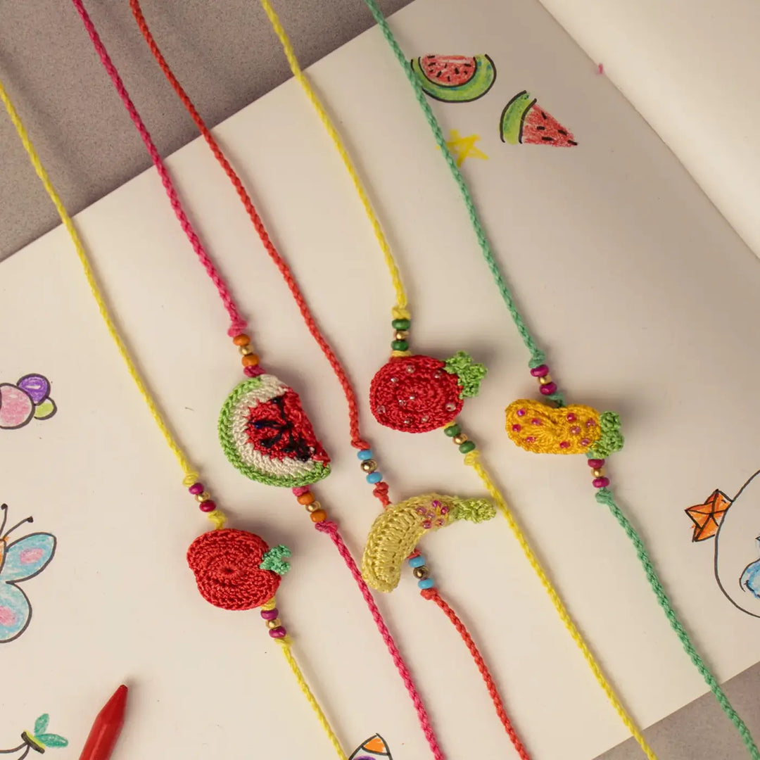 Handmade Crochet Fruits Theme Kids Rakhi With Roli Chawal | Set Of 5